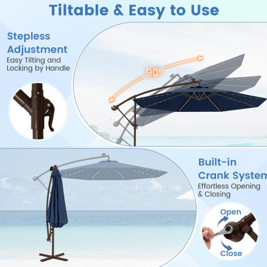 10 Feet Cantilever Umbrella with 32 LED Lights and Solar Panel Batteries-Navy