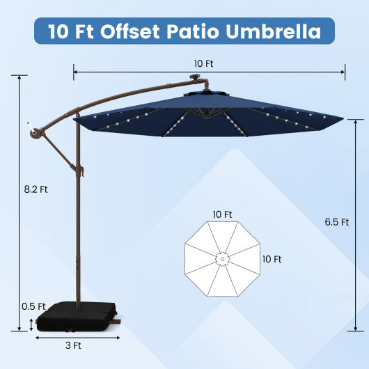 10 Feet Cantilever Umbrella with 32 LED Lights and Solar Panel Batteries-Navy