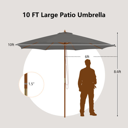 10 Feet Patio Umbrella with 8 Wooden Ribs and 3 Adjustable Heights-Gray