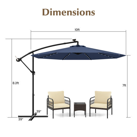 10 Feet Solar LED Offset Umbrella with 40 Lights and Cross Base for Patio-Blue