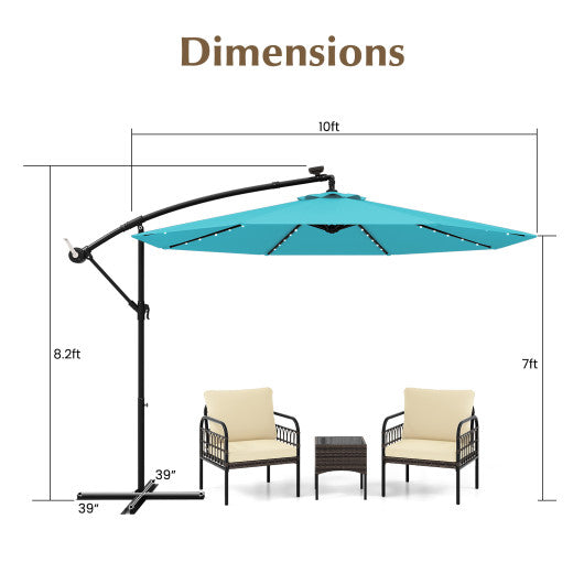 10 Feet Solar LED Offset Umbrella with 40 Lights and Cross Base for Patio-Turquoise