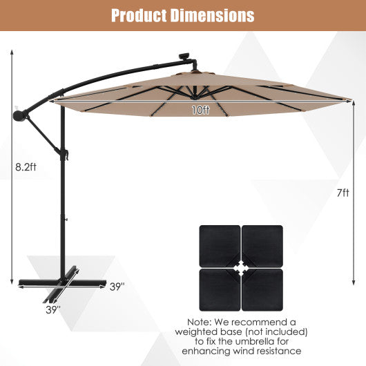 10 Feet Solar Offset Hanging Umbrella with 40 Lamp Beads and Solar Panel-Tan