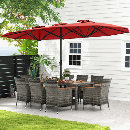 10 Pieces Patio Wicker Dining Set with 15 Feet Double-Sided Patio Umbrella-Red