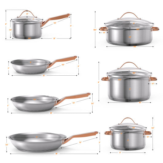 11 Pieces Stainless Steel Kitchen Cookware Set with Gold Stay-Cool Handles