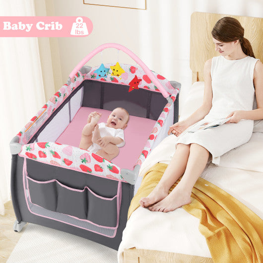 3-in-1 Portable Baby Playard with Zippered Door and Toy Bar-Red