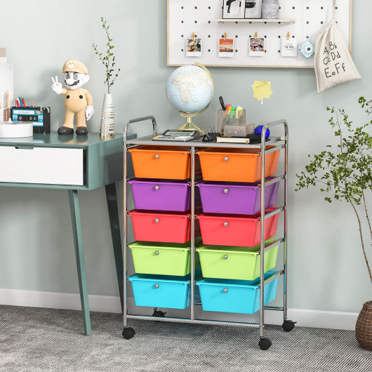 10-Drawer Rolling Storage Cart-Deep Multicolor