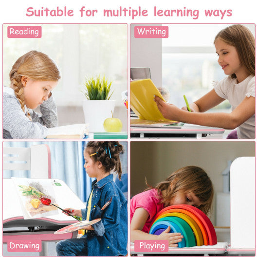 Kids Multifunctional Writing Desk with Tilt Desktop and Book Shelf-Pink