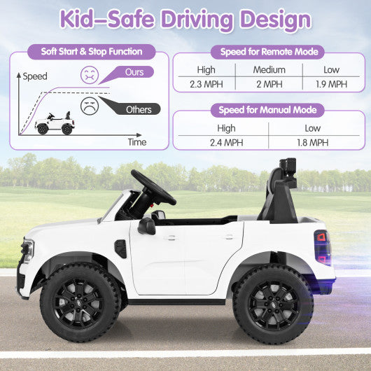 12V Electric Kids Ride on Car Licensed Ford Ranger with Remote Control and Music-White
