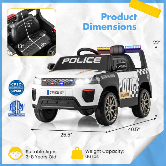 12V Kids Ride on Police Car with Remote and Siren Flashing Lights-White