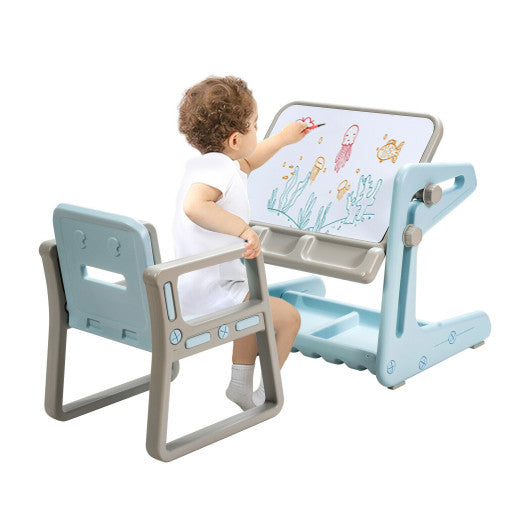 2 in 1 Kids Easel Table and Chair Set with Adjustable Art Painting Board-Blue