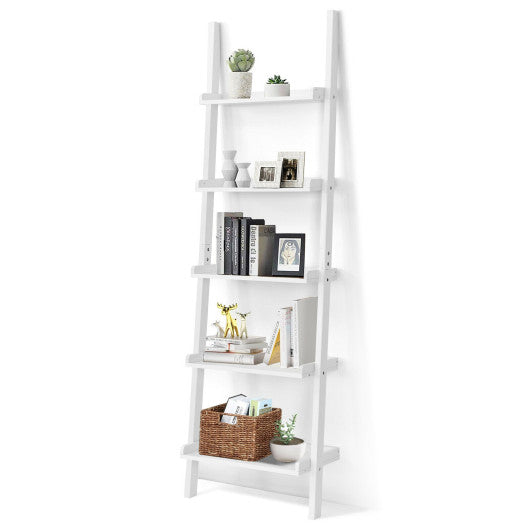 5-Tier Wall-leaning Ladder Shelf Display Rack for Plants and Books-White