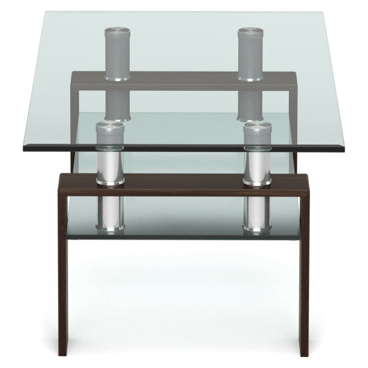 Rectangle Glass Coffee Table with Metal Legs for Living Room-Brown