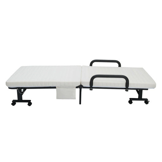 Folding Adjustable Guest Single Bed Lounge Portable with Wheels-White