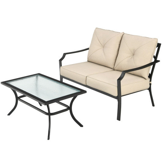 2 Pieces Patio Outdoor Cushioned Sofa Bench with Coffee Table-Beige
