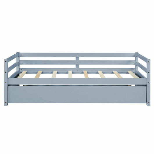Twin Size Trundle Platform Bed Frame with Wooden Slat Support-Gray