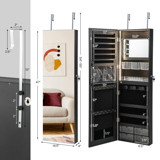 Wall Mounted Jewelry Cabinet with 3-Color Lights-Black