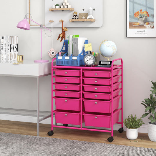 12-Drawer Rolling Storage Cart with Removable Drawers and Lockable Wheels-Rose Red