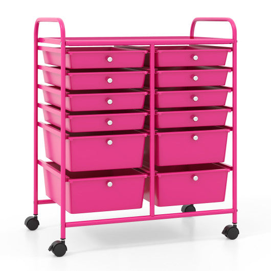 12-Drawer Rolling Storage Cart with Removable Drawers and Lockable Wheels-Rose Red