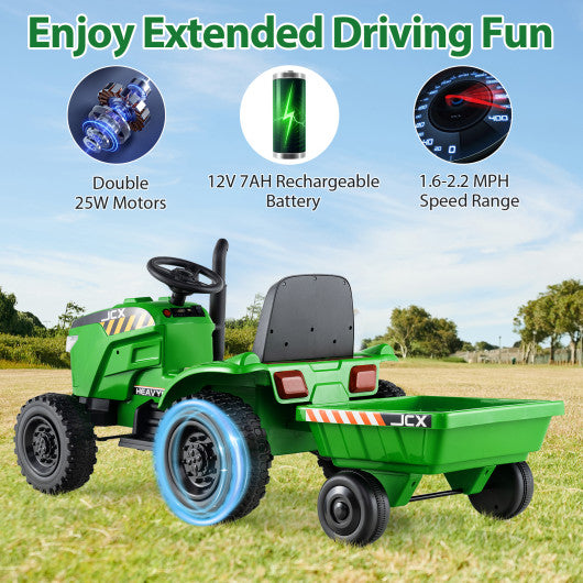 12V 2-in-1 Kids Ride On Tractor with Trailer and 3-Gear Shift-Green
