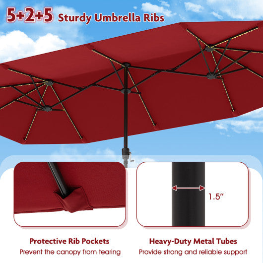 13 FT Large Patio Umbrella with LED Solar Lights and Crank Handle-Red