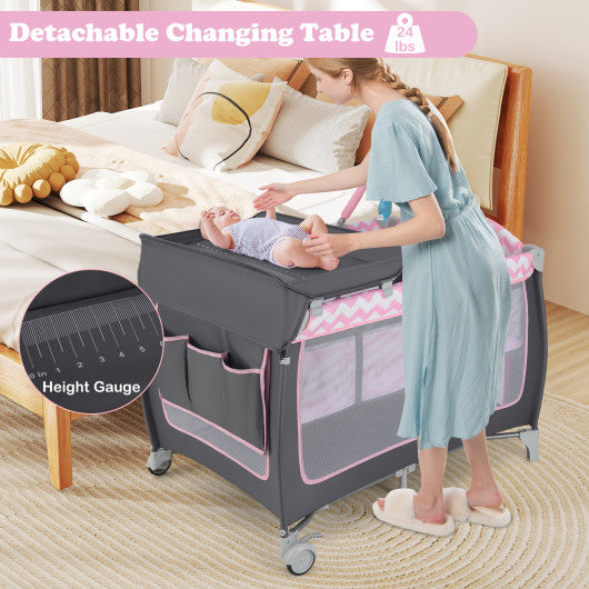 3-in-1 Portable Baby Playard with Zippered Door and Toy Bar-Pink
