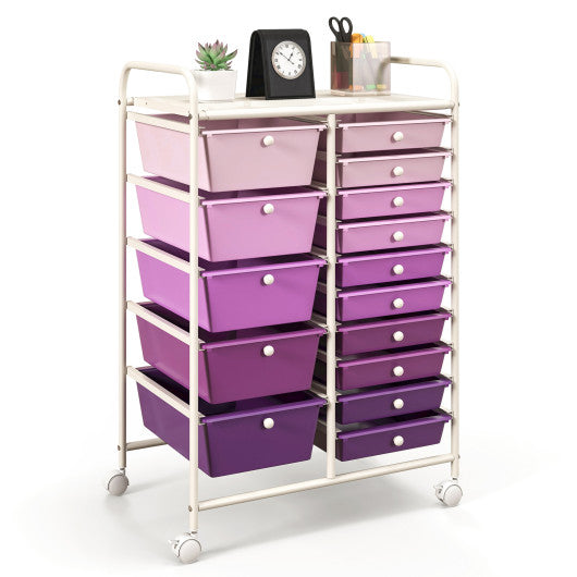 15-Drawer Utility Rolling Organizer Cart Multi-Use Storage-Purple