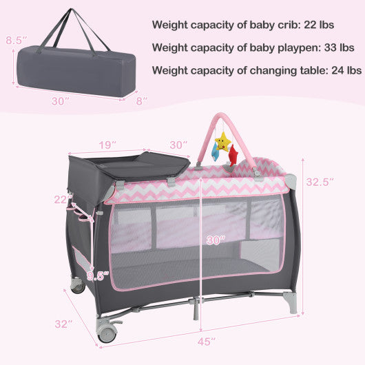 3-in-1 Portable Baby Playard with Zippered Door and Toy Bar-Pink