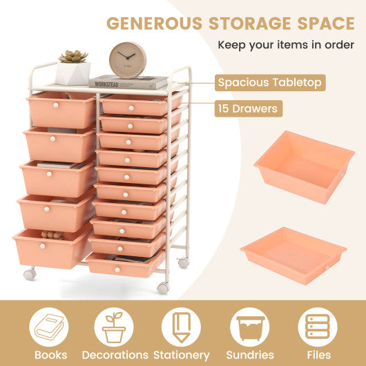 15-Drawer Utility Rolling Organizer Cart Multi-Use Storage-Peach