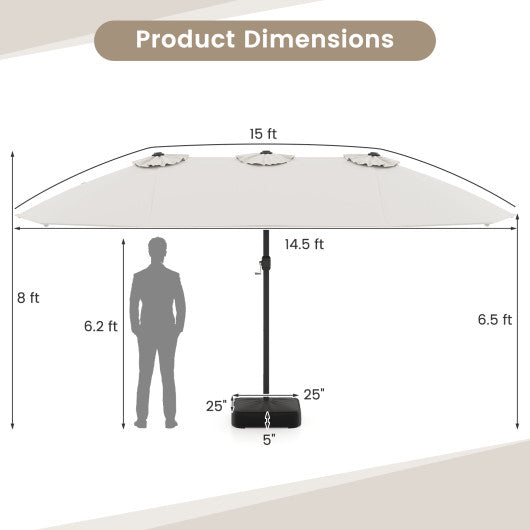 15 Feet Double-Sided Twin Patio Umbrella with Crank and Base-Beige