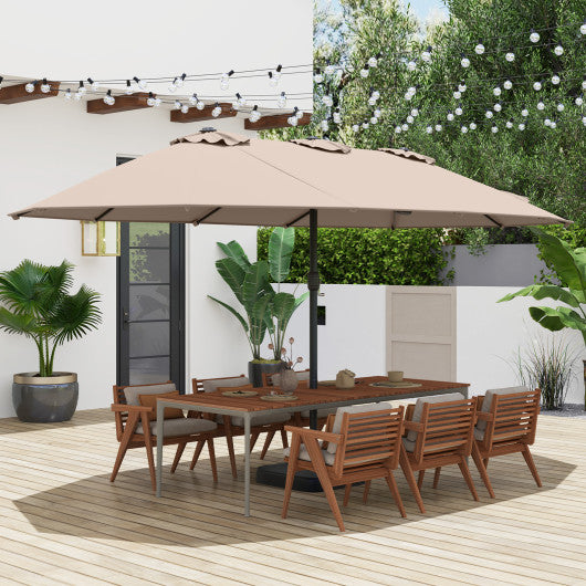 15 Feet Double-Sided Twin Patio Umbrella with Crank and Base-Brown