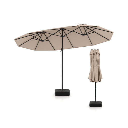 15 Feet Double-Sided Twin Patio Umbrella with Crank and Base-Brown