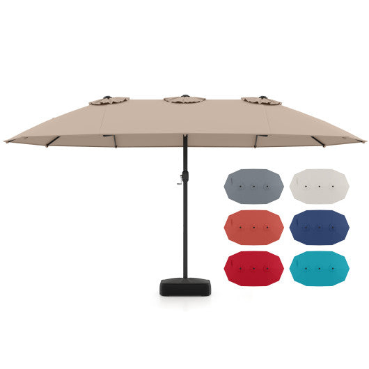 15 Feet Double-Sided Twin Patio Umbrella with Crank and Base-Brown