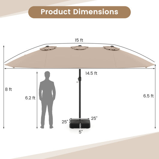 15 Feet Double-Sided Twin Patio Umbrella with Crank and Base-Brown