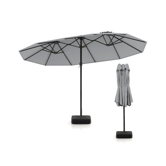 15 Feet Double-Sided Twin Patio Umbrella with Crank and Base-Gray
