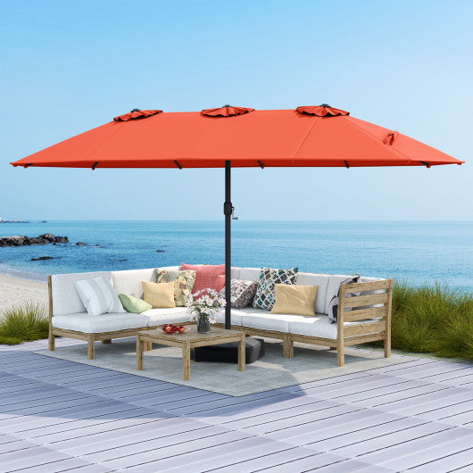 15 Feet Double-Sided Twin Patio Umbrella with Crank and Base-Orange