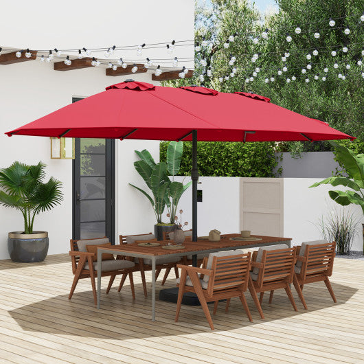 15 Feet Double-Sided Twin Patio Umbrella with Crank and Base-Red