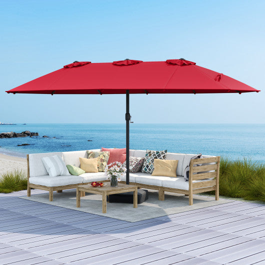 15 Feet Double-Sided Twin Patio Umbrella with Crank and Base-Red