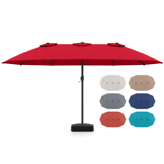 15 Feet Double-Sided Twin Patio Umbrella with Crank and Base-Red