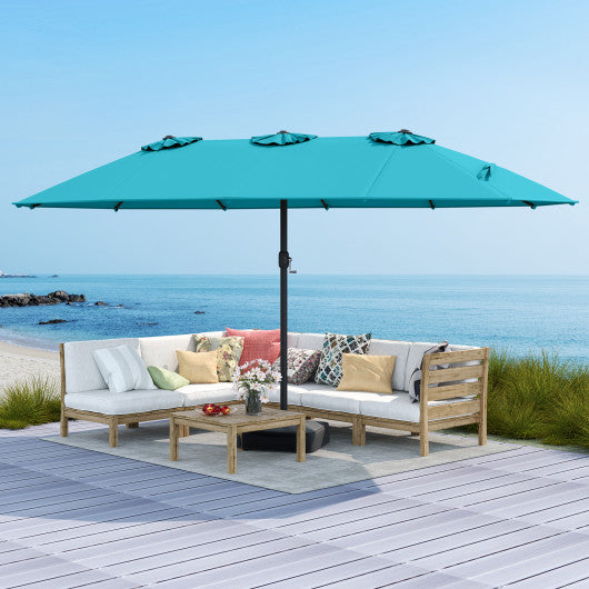 15 Feet Double-Sided Twin Patio Umbrella with Crank and Base-Turquoise