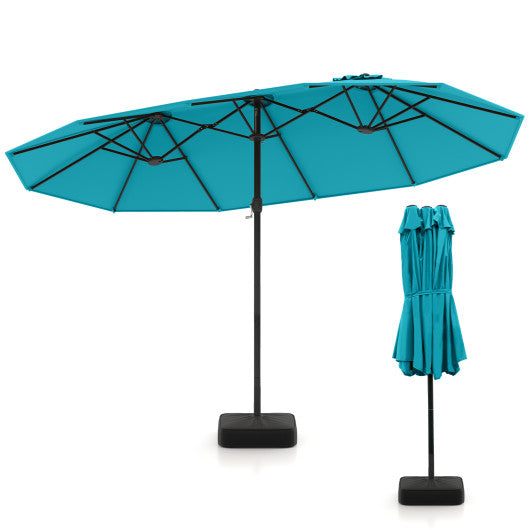 15 Feet Double-Sided Twin Patio Umbrella with Crank and Base-Turquoise