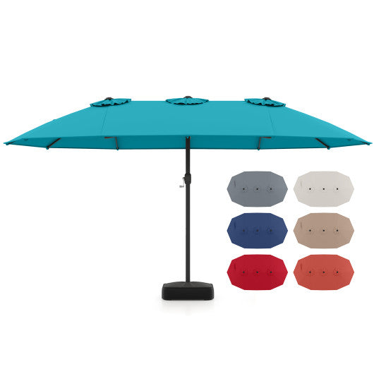 15 Feet Double-Sided Twin Patio Umbrella with Crank and Base-Turquoise