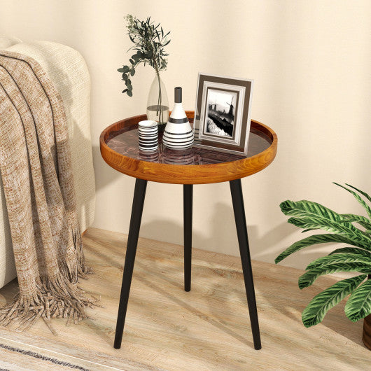 16 Inch Round End Table with Sea Shell Decoration and Epoxy Resin Finish-Brown
