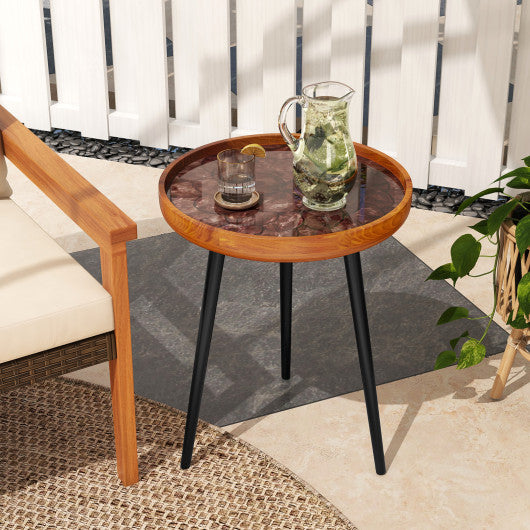 16 Inch Round End Table with Sea Shell Decoration and Epoxy Resin Finish-Brown