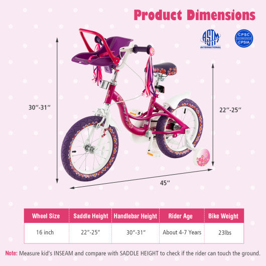 16 Inch Kids Bike with Doll Seat and Removable Training Wheels-16 inches