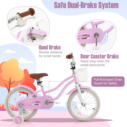 16 Inch Kids Bike with Front Handbrake and 2 Training Wheels-Purple