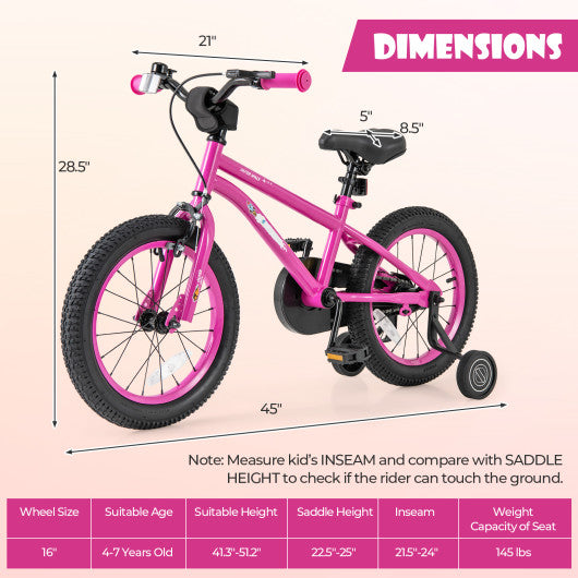 16-Inch Kids Bike for 4-7 Years Old Adjustable with Removable Training Wheels-16 inches
