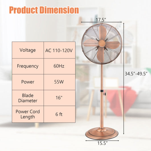 16 Inch Pedestal Standing Fan Oscillating Pedestal Fan with 3 Speeds and Adjustable Height-Copper