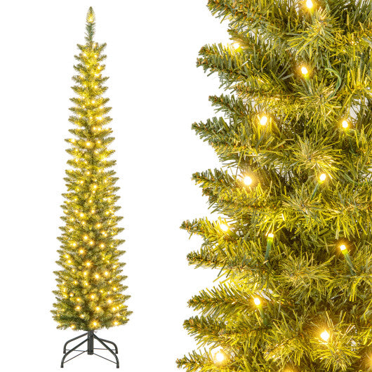 5/6/7/8/9 Feet Pre-lit Pencil Artificial Christmas Tree with 150/180/200//300/400 Warm White LED Lights-6 ft