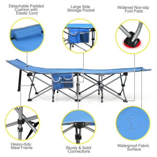 Folding Camping Cot with Side Storage Pocket Detachable Headrest-Blue