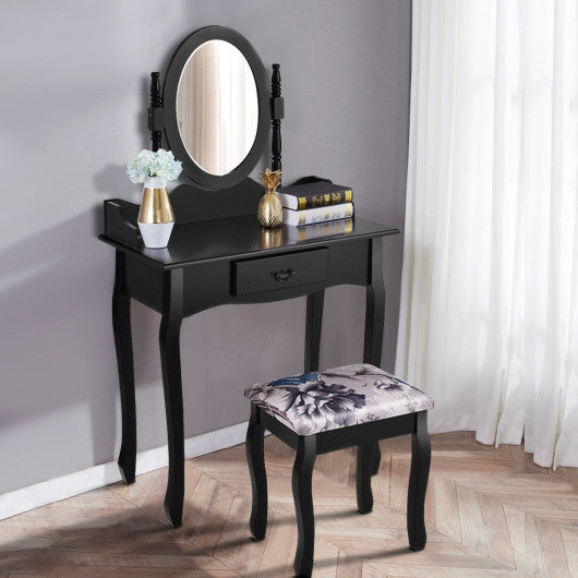 Wooded Vanity Table Set with Oval Mirror and Rotating Mirror-Black
